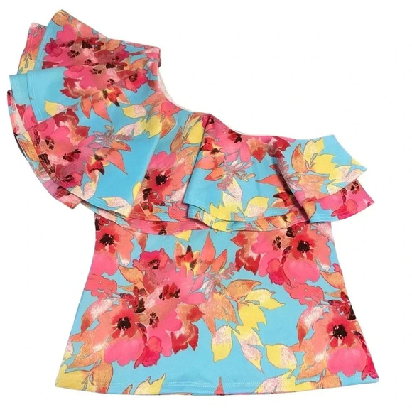 Tops - Dreams by J&S Tropical Print One Shoulder Top Size L Vibrant Beach‎ Resort